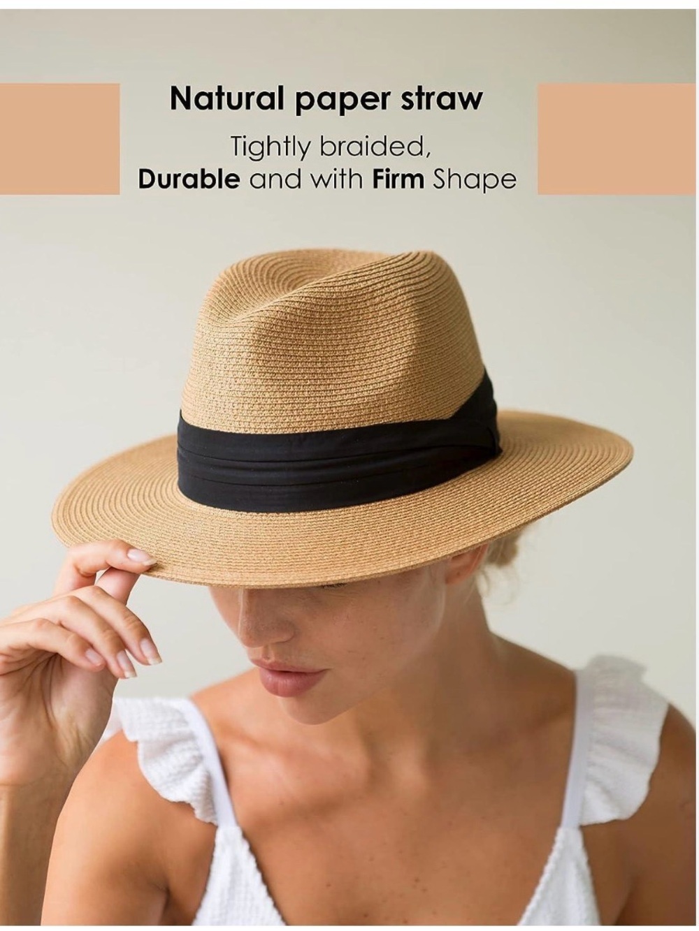 Furtalk Wide Brim Tan Straw Black Ribbon Adjustable Strap SPF Panama Hat Beach